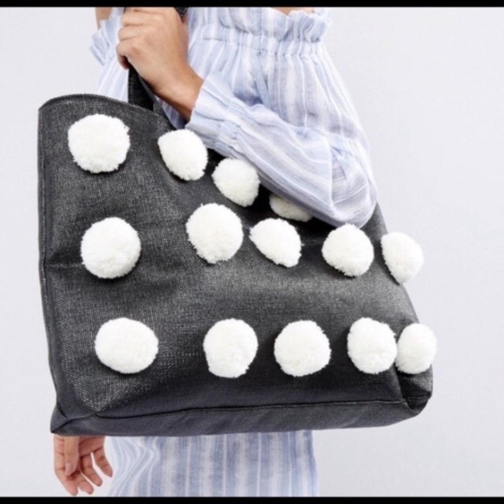 ASOS Black Tote Bag with White Pom Pom Accents